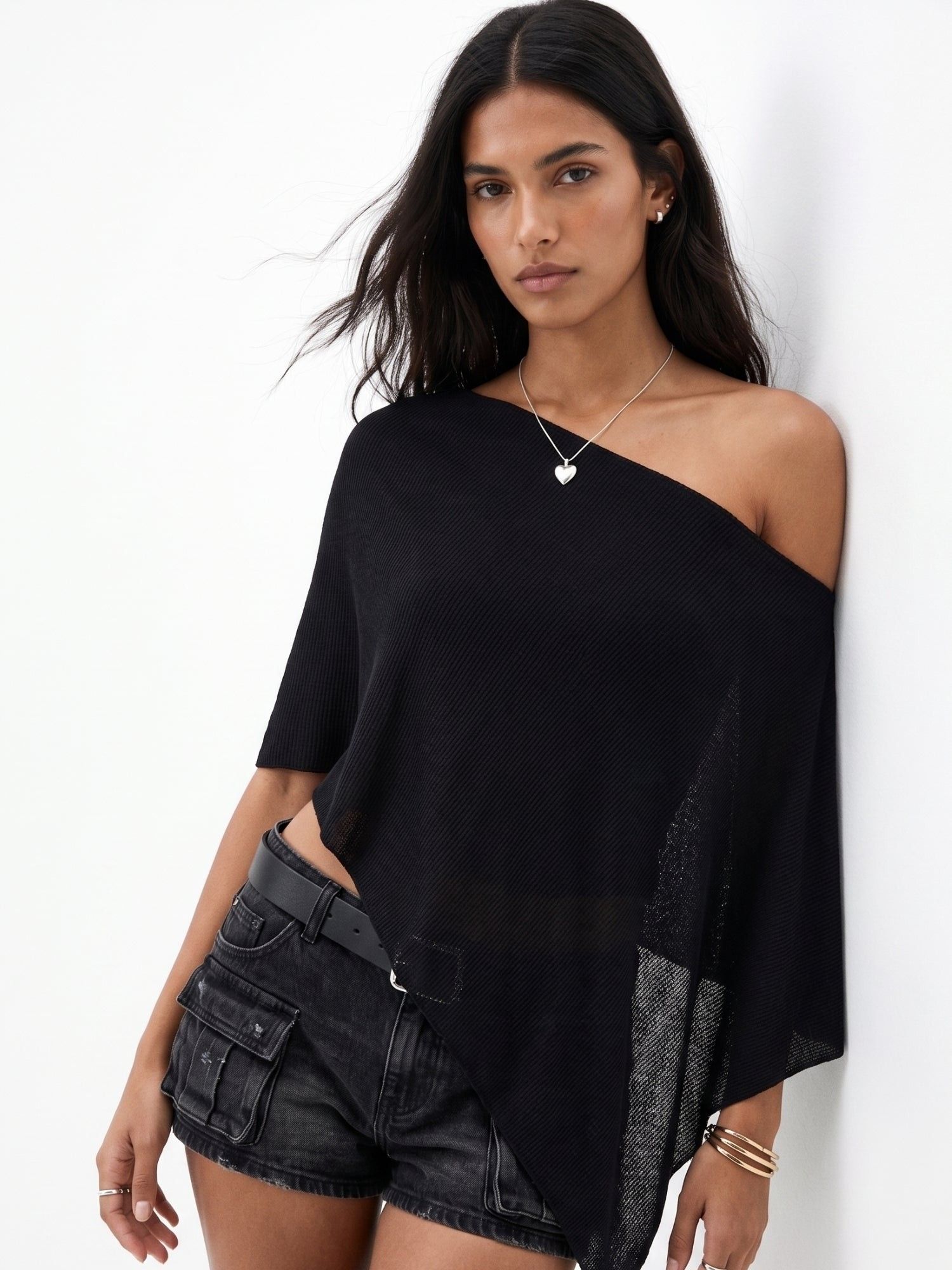 Outzidr Black One Shoulder Cape Top