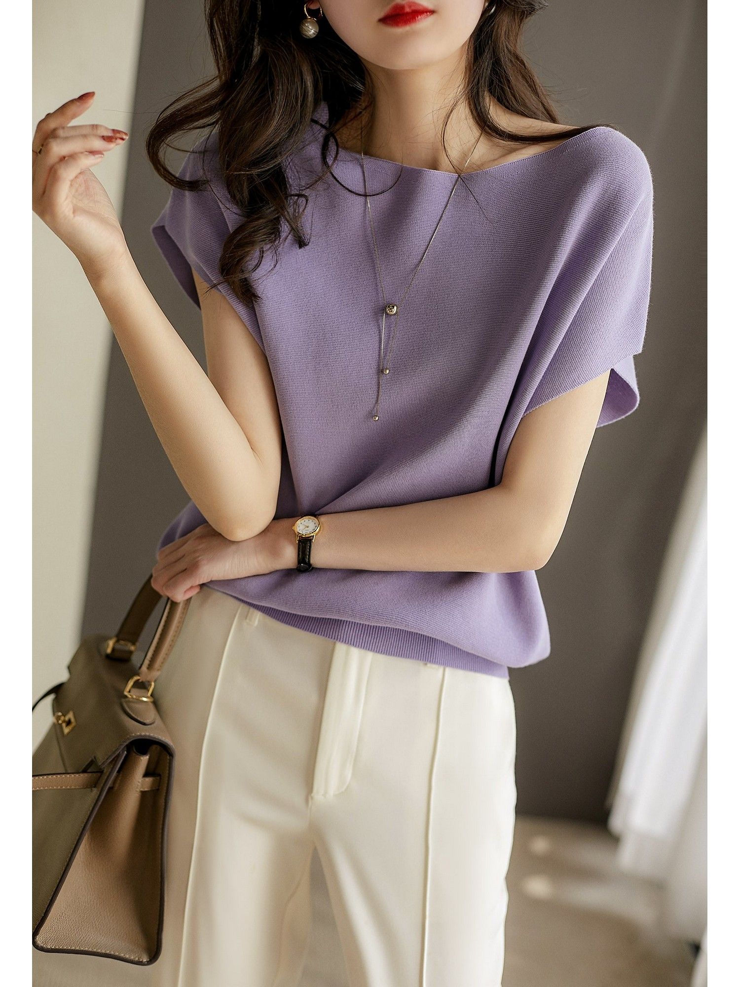 Outzidr Lavender Cap Sleeve Round Neck Relaxed Top