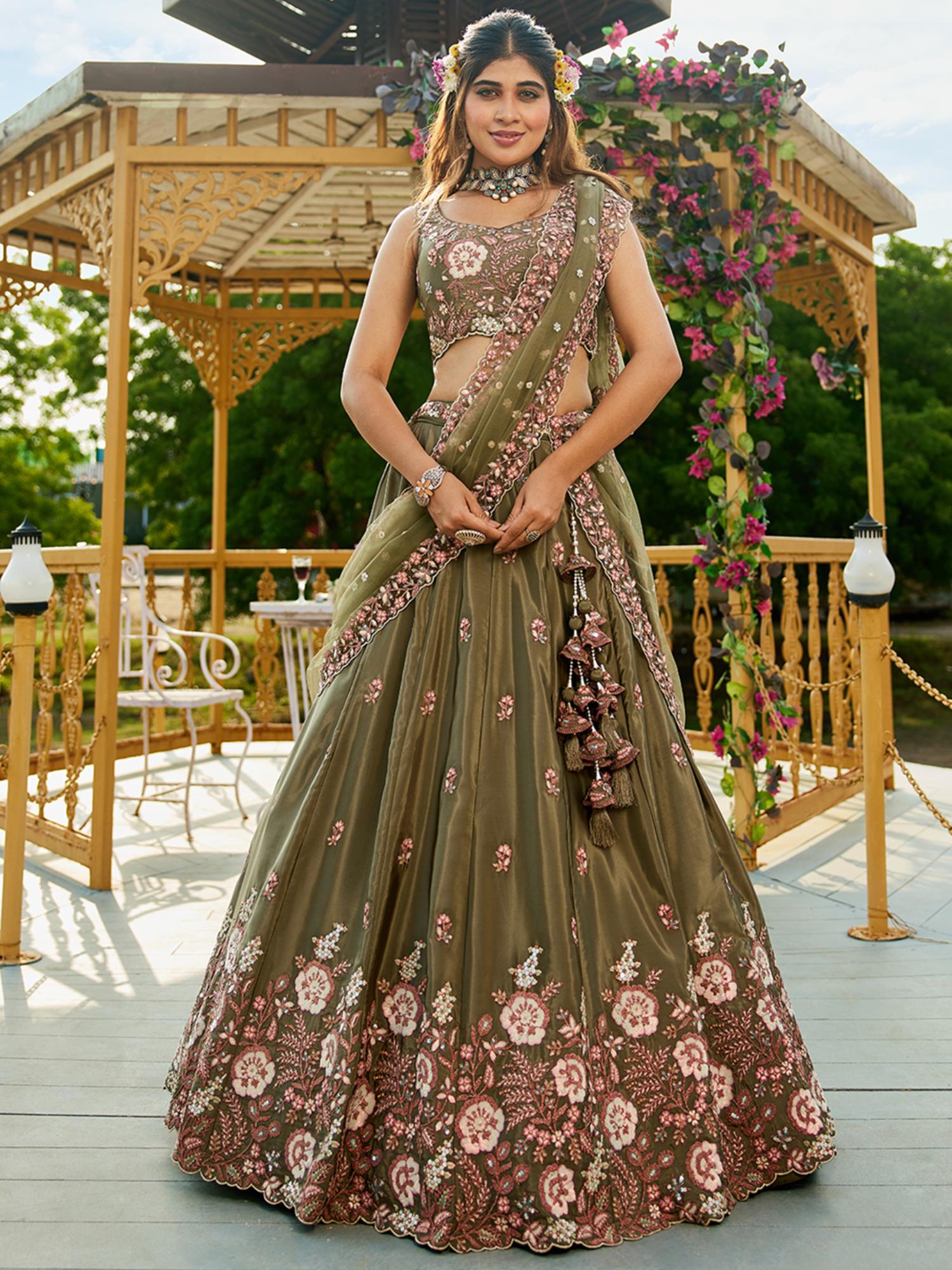 Panchhi Olive Satin Sequin Embroidery Semi Stitched Lehenga & Choli with Dupatta (Set of 3)