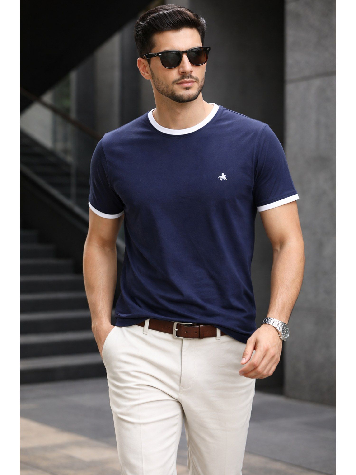 Parcel Yard Navy Blue Men Solid Cotton Round Neck Half Sleeve Regular Fit T Shirt