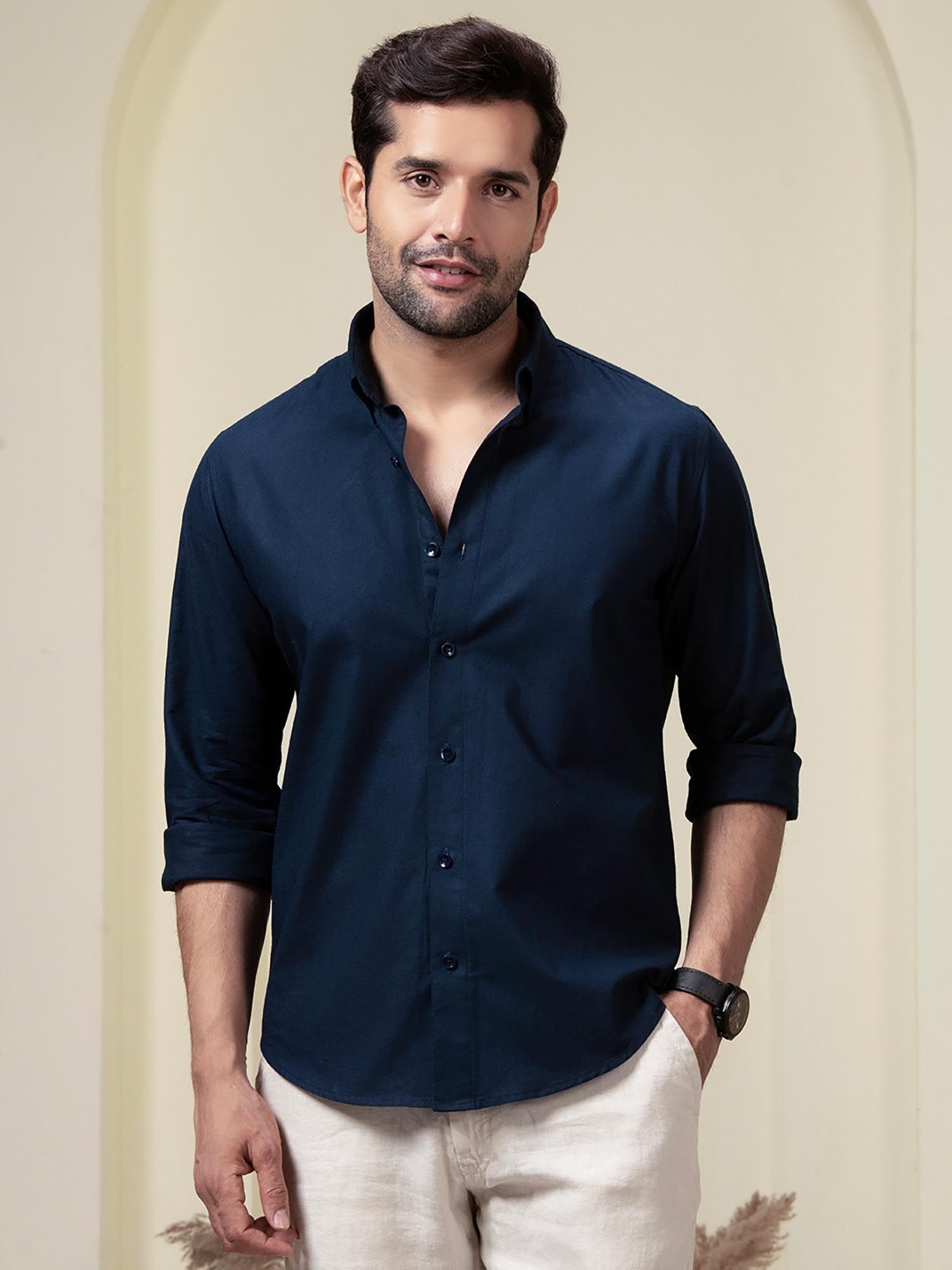Perch Men Navy Blue Linen Cotton Button Down Solid Shirt