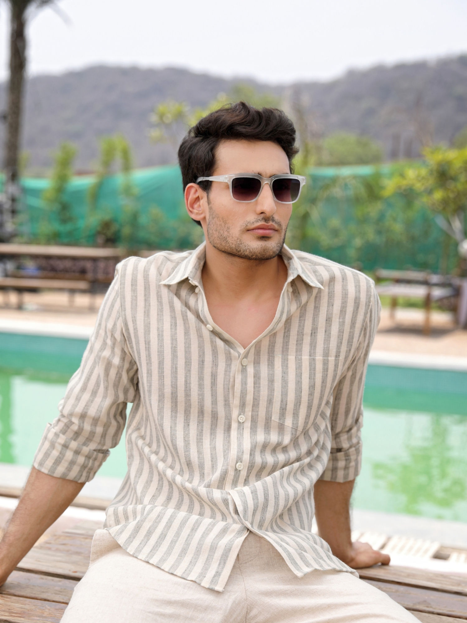 Perch Men Sage Green Stripes Linen Shirt