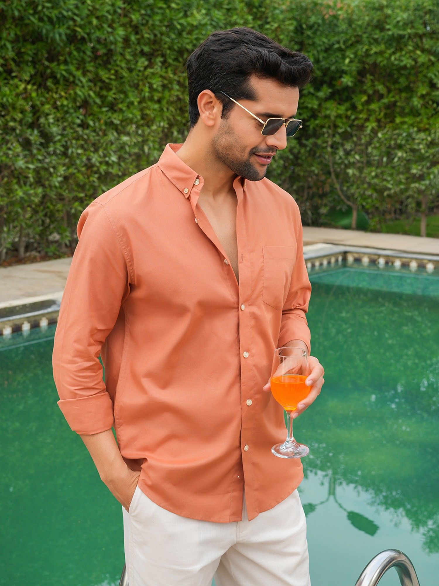 Perch Men's Orange Linen Collar Neck Solid Slim Shirt