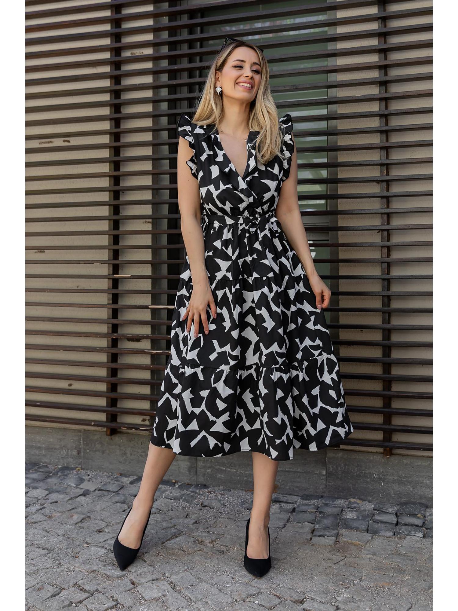 PIMU Black V-Neck Midi Dress with Belt