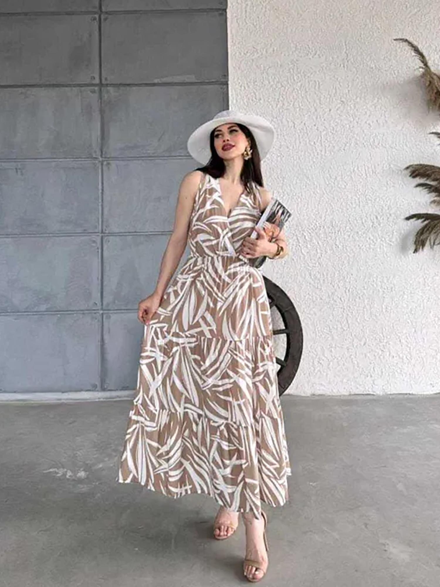 PIMU Brown Viscose Patterned Summer Dress
