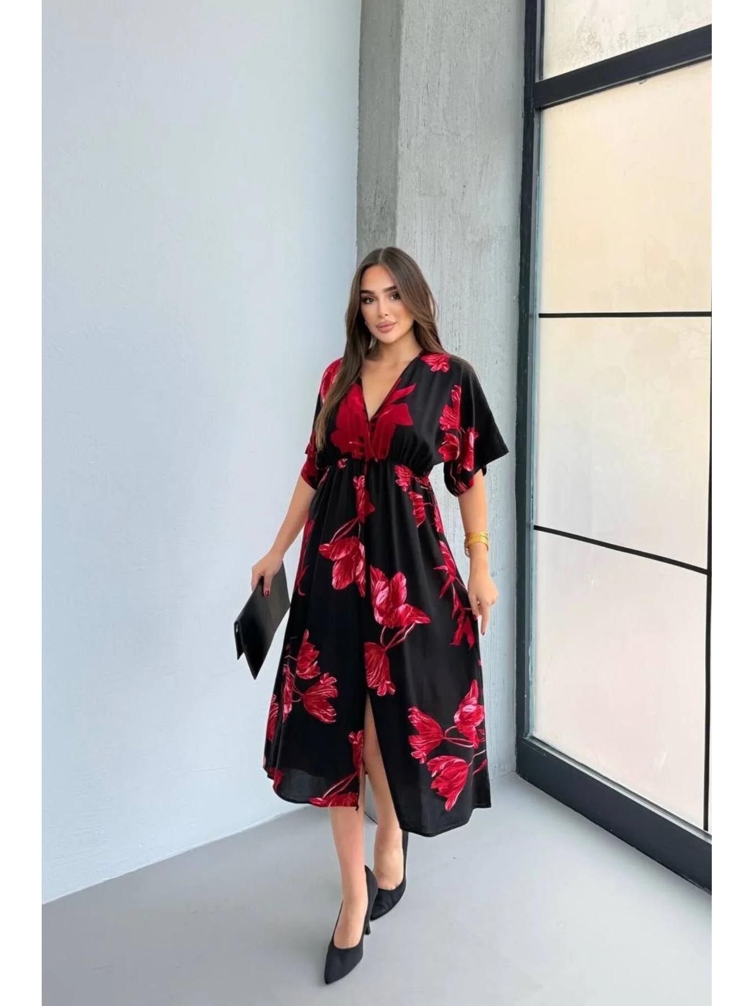 PIMU Front Slit Black Midi Dress