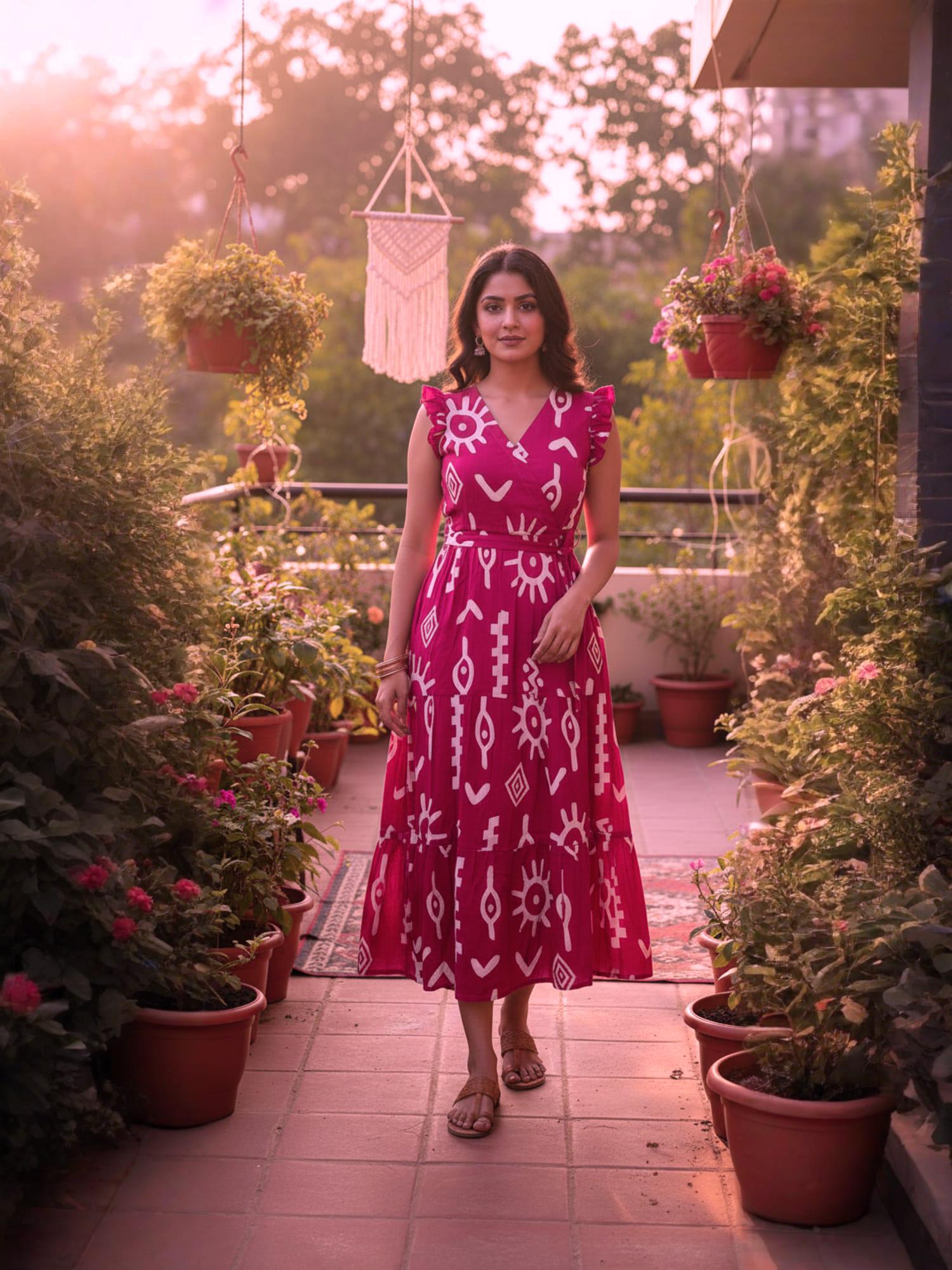 PIMU V-Neck Embroidered Midi Dress with Belt - Pink