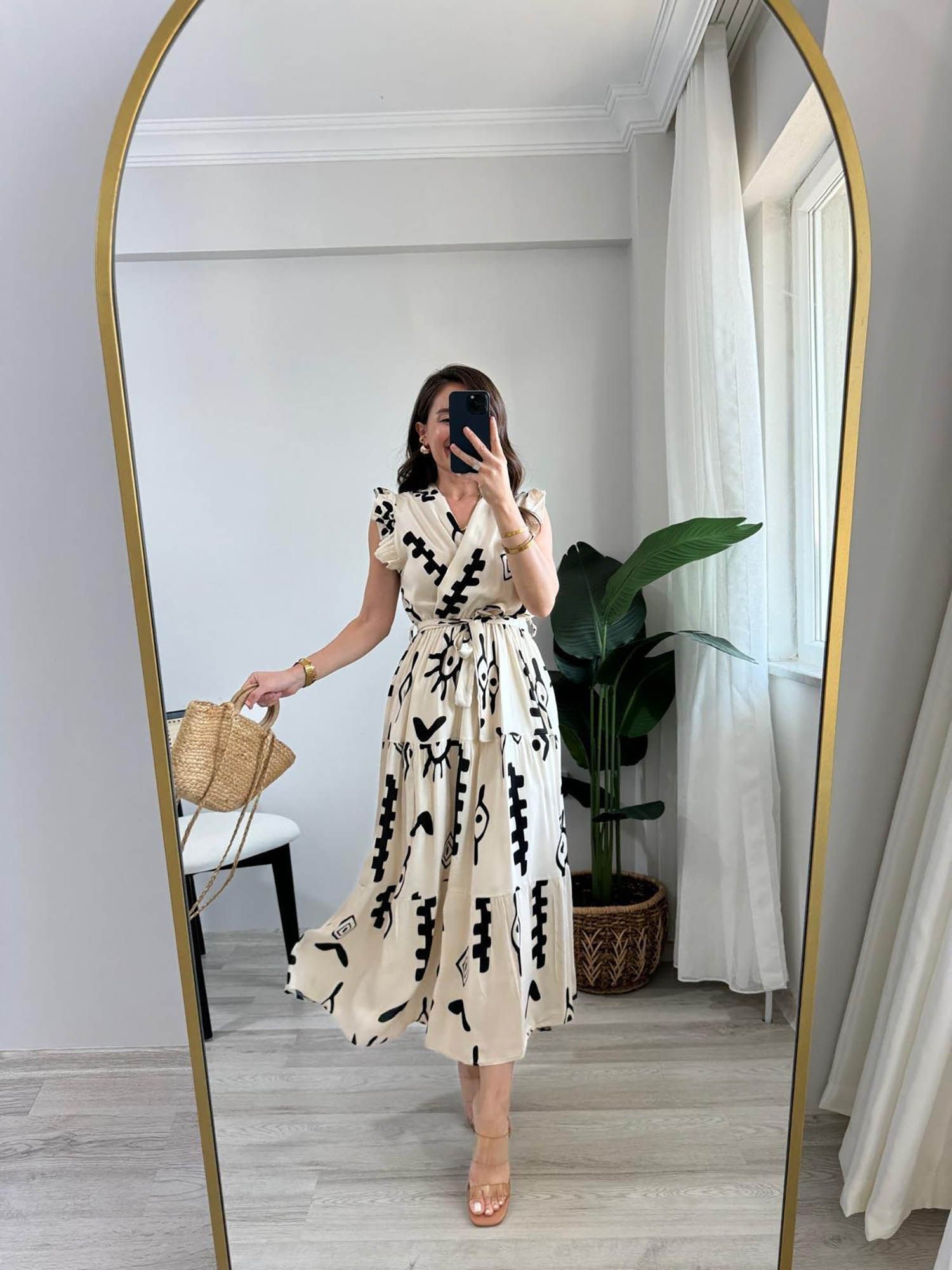 PIMU White V-Neck Midi Dress with Belt