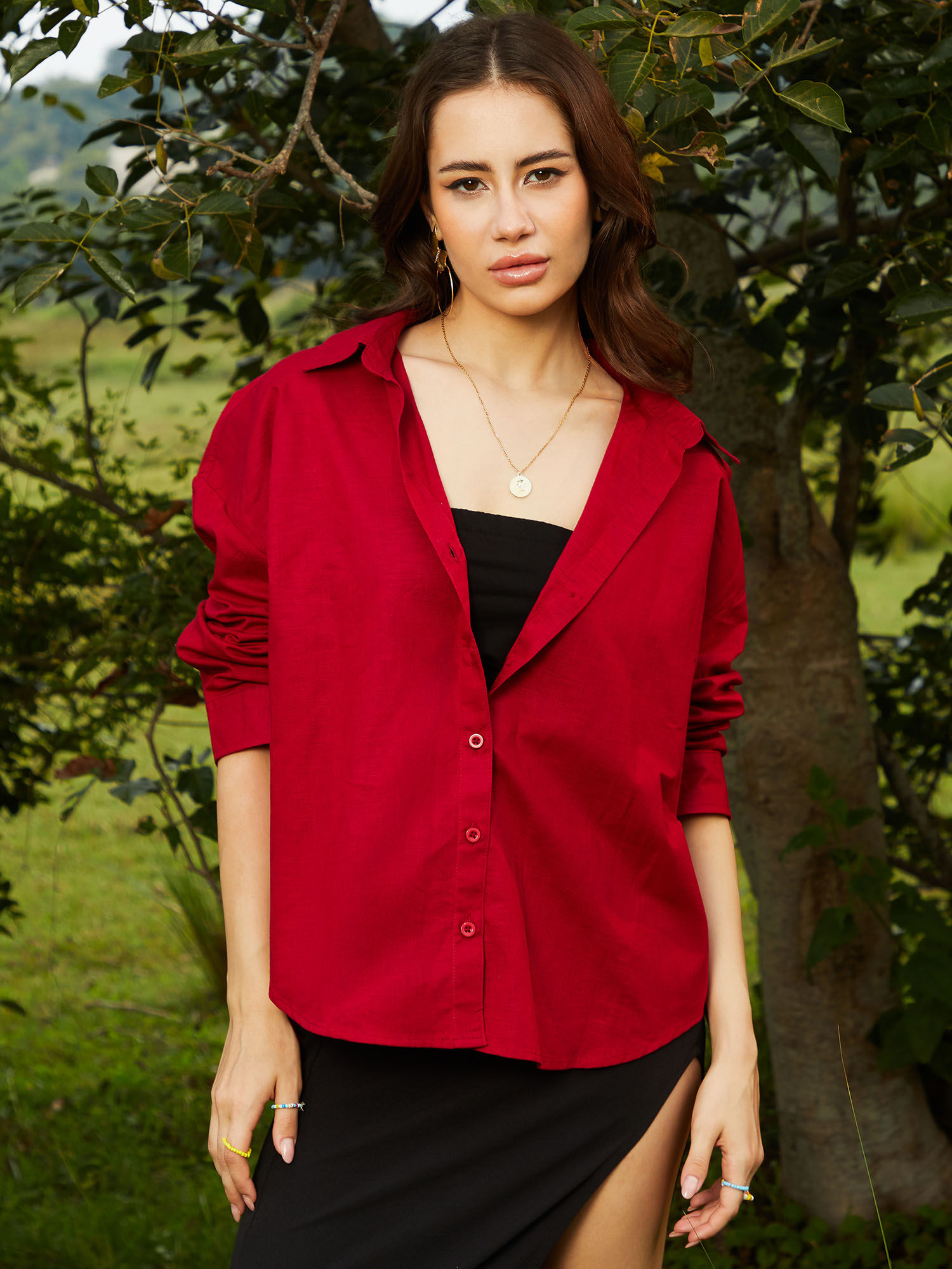 PINACOLADA Women Crimson Red Solid Oversized Shirt