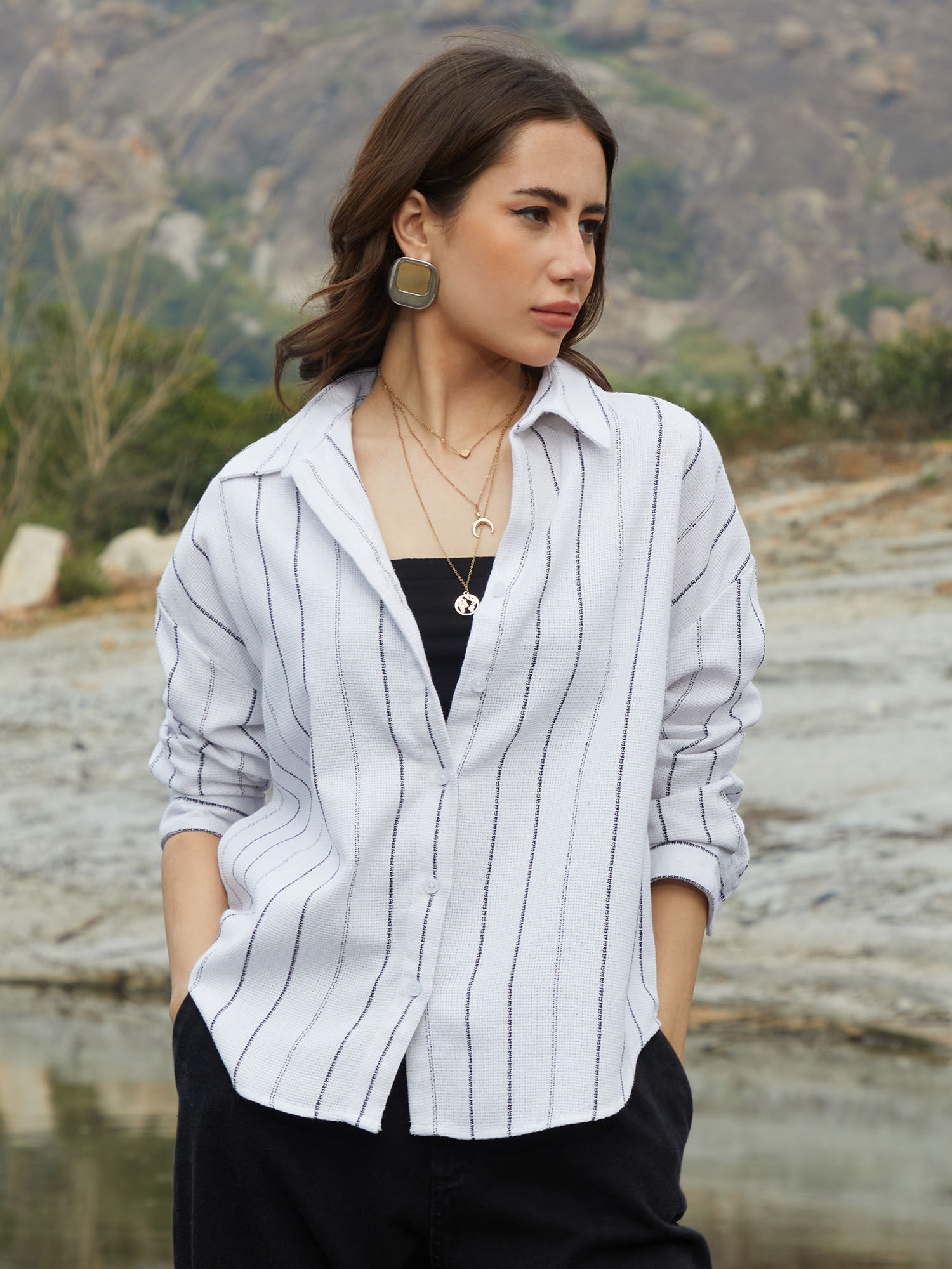 PINACOLADA Women Daisy White Woven Stripe Oversized Shirt