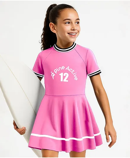 Pine Active Half Sleeves Frock Swimsuit With Logo Print - Pink
