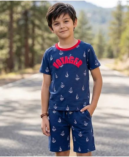 Pine Kids 100% Cotton Knit Half Sleeves Nautical Theme Printed  Co-Ords T-Shirt & Shorts Night Suit - Navy Blue
