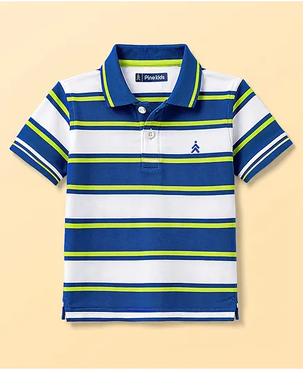 Pine Kids 100% Cotton Knit Half Sleeves Striped Polo T-Shirt - Blue & White