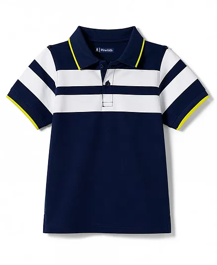 Pine Kids 100% Cotton Knit Half Sleeves Striped Polo T-Shirt - Navy Blue