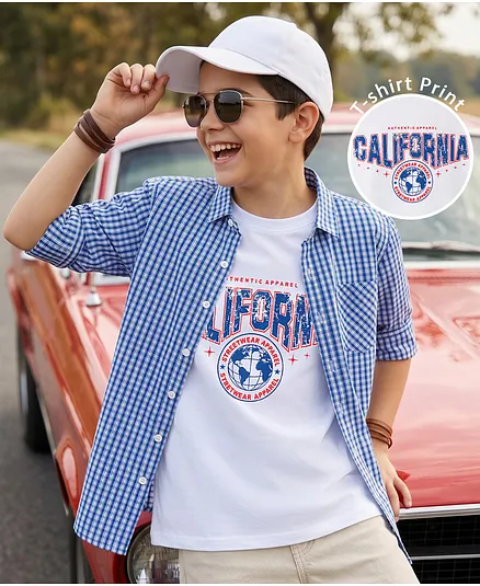 Pine Kids 100% Cotton WOven Full Sleeves Checked Shirt With Text Printed Tank T-Shirt - Multicolor