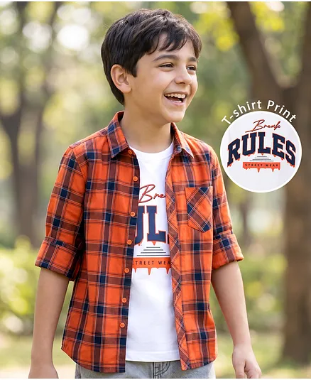 Pine Kids 100% Cotton Woven Full Sleeves Checked Shirt With Text Printed Tank T-Shirt - Orange