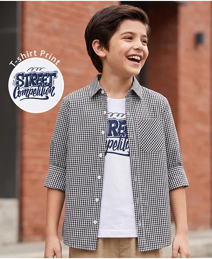 Pine Kids 100% Cotton Woven Full Sleeves Checks Shirt With Text Printed Tank T-Shirt - Black