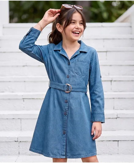 Pine Kids 100% Cotton Woven Full Sleeves Shirt Dress With Belt - Blue