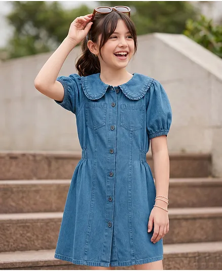 Pine Kids 100% Cotton WOven Half Puffed Sleeves Solid Shirt Dress - Blue