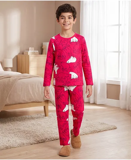 Pine Kids Cotton Knit Full Sleeves T-Shirt & Pyjama Co-Ord Night Suit With Bear Print - Red
