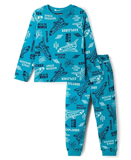 Pine Kids Cotton Knit Full Sleeves T-Shirt & Pyjama Co-Ord Night Suit With Space Theme - Blue