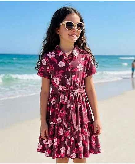 Pine Kids Cotton Knit Half Sleeves Frock With Floral Print - Multicolor