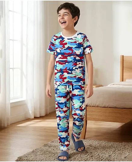 Pine Kids Cotton Knit Half Sleeves T-Shirt & Pyjama Co-ord Night Suit With Floral Print - White