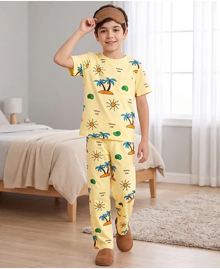 Pine Kids Cotton Knit Half Sleeves T-Shirt & Pyjama Co-ord Night Suit with Tree Print - Yellow