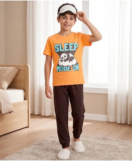 Pine Kids Cotton Knit Half Sleeves T-Shirt & Pyjama Night Suit With Panda & Text Print - Orange & Black