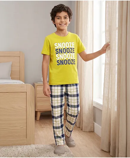 Pine Kids Cotton Knit Half Sleeves Text Printed T-Shirt & Pyjama Night Suit - Limegreen
