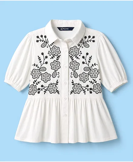 Pine Kids Cotton Woven Frock Style Tops Embroidered Half Sleeves White 7-8 Years