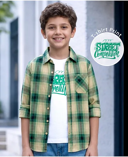 Pine Kids Cotton Woven Full Sleeves Checks Shirt & Printed T-Shirt - Green