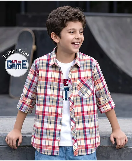 Pine Kids Cotton Woven Half Sleeves Checks Shirt With Printed T-Shirt - Multicolor