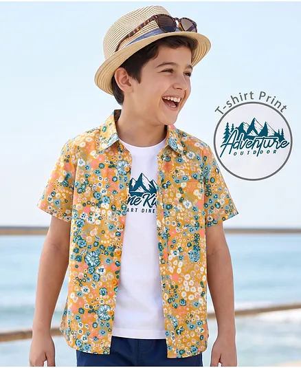 Pine Kids Cotton Woven Half Sleeves Floral Printed Shirt & T-Shirt - Multicolor