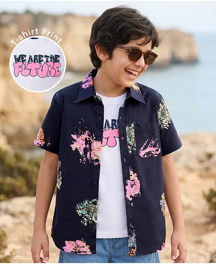 Pine Kids Cotton Woven Half Sleeves Printed Shirt With T-Shirt - Blue
