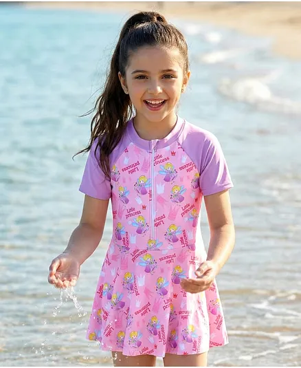 Pine Kids Half Raglan Sleeves Frock Swimsuit with Little Princess Print - Pink