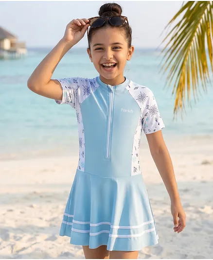 Pine Kids Half Raglan Sleeves Printed Frock Swimsuit - Blue
