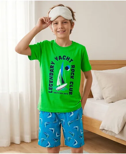 Pine Kids Single Jersey Knit Half Sleeves T-Shirt & Shorts Night Suit with Yacht Print - Green