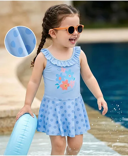 Pine Kids Sleeveless Frock Swimsuit With Floral Print - Light Blue