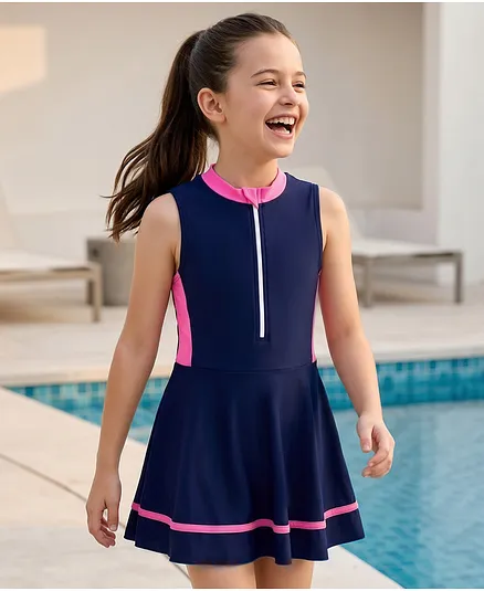 Pine Kids Sleeveless Solid Frock Swimsuit - Navy Blue