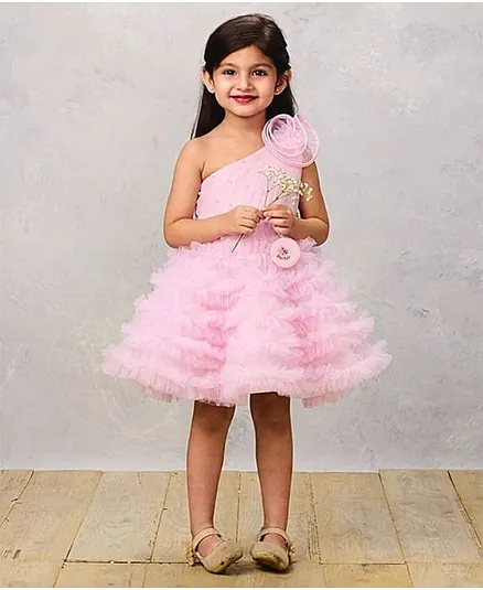 PinkCow Net Woven Sleeveless Pearl Embellished Floral Applique & Ruffle Detailed Layered Dress - Baby Pink