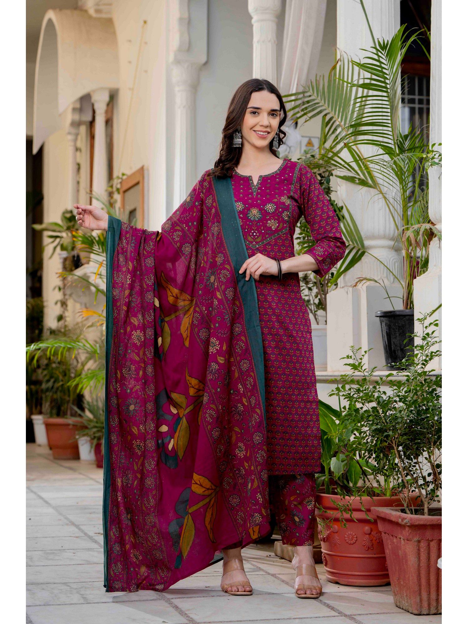 PISTAA Magenta Elegant Pure Cotton Floral Printed Kurta and Pant with Dupatta