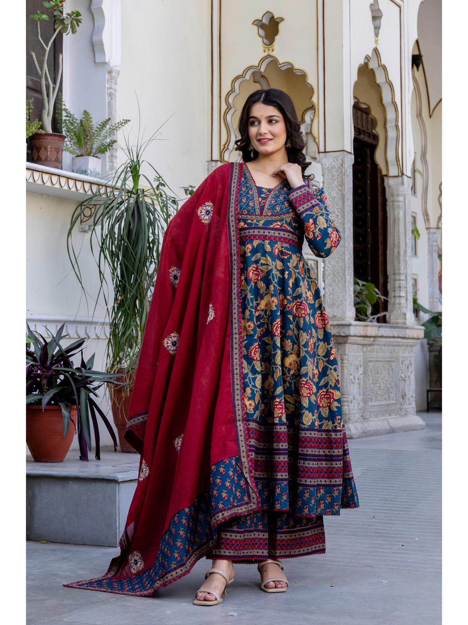 PISTAA Women Blue Floral Printed Anarkali Kurta with Palazzo and Dupatta