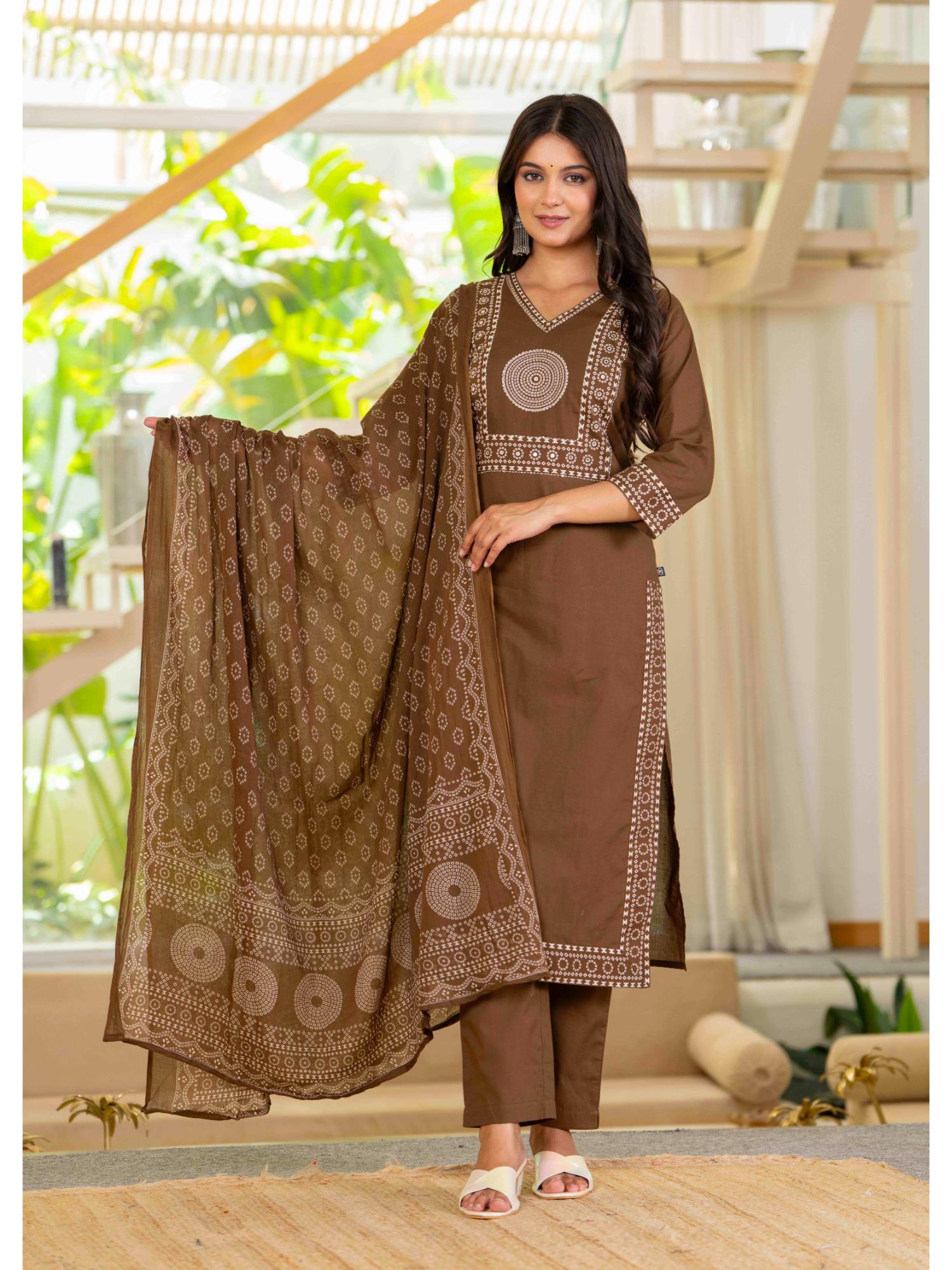 PISTAA Women Brown Bandhani Print Kurta with Pant and Dupatta