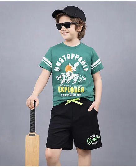 Plum Tree 100% Cotton Knit Half Sleeves Unstoppable Text Printed Tee & Cargo Shorts Set  - Green & Black