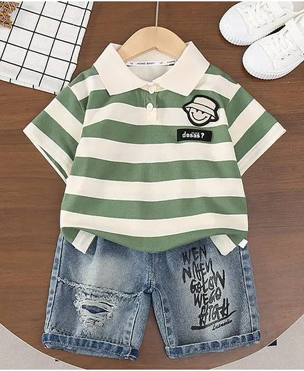 POP STREET KIDS Cotton Knit Half Sleeves Striped Smiley Patch Detailed Polo Tee & Shorts Set - Green