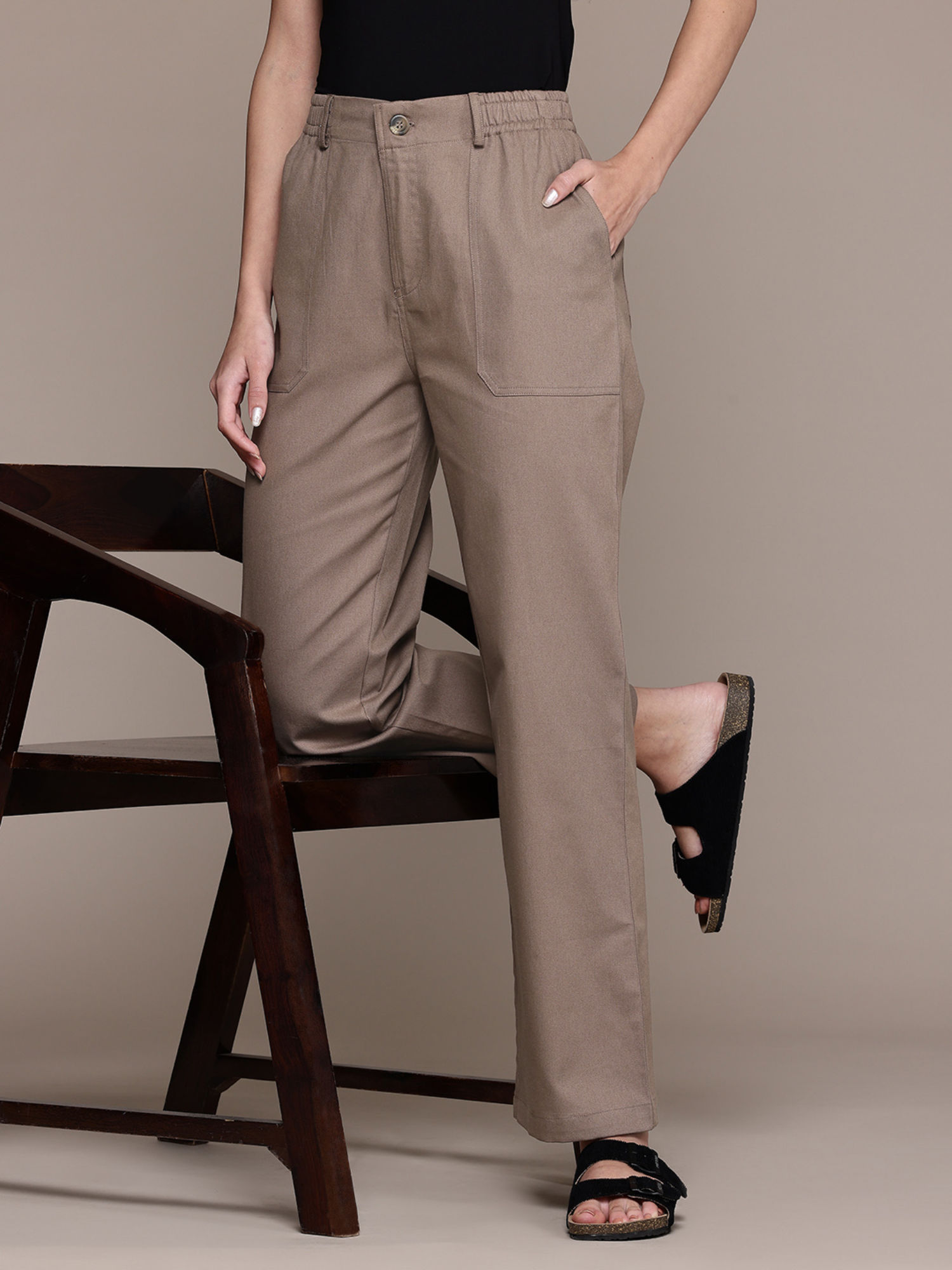 Popnetic Women Solid Taupe Flat-Front High-Rise Trouser