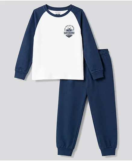 Primo Gino 100% Cotton Knit Raglan Full Sleeves Text Printed T-Shirt & Pyjama Night Suit - White & Navy Blue