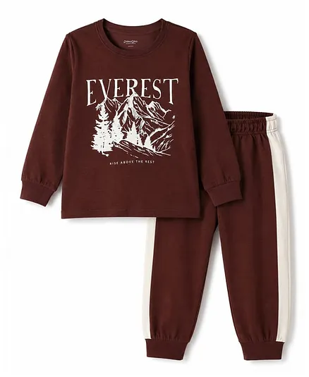 Primo Gino Cotton Knit Full Sleeves T -Shirt & Pyjama Night Suit With Mountain Print- Brown