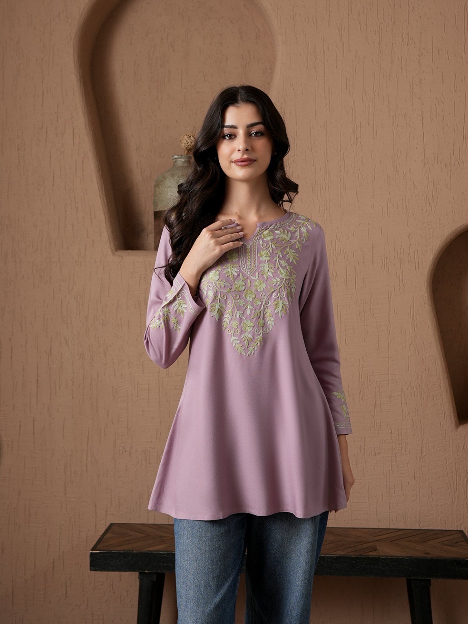 QAZMI Kashmiri Aari Work Viscose Rayon A-Line Flared Kurti